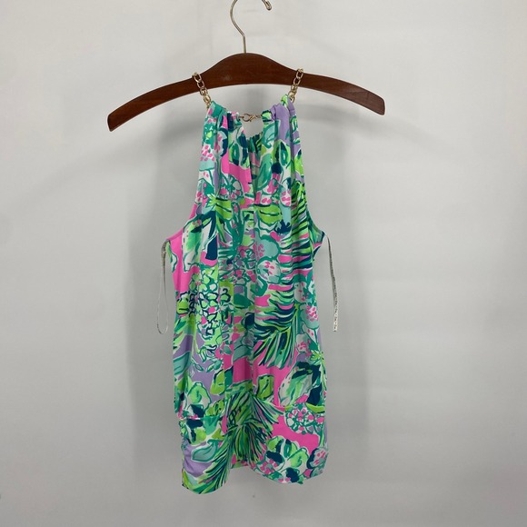 Lilly Pulitzer Womens XS Halter Top Pink Green Blue Chain Neck Tropical Print - Picture 2 of 7
